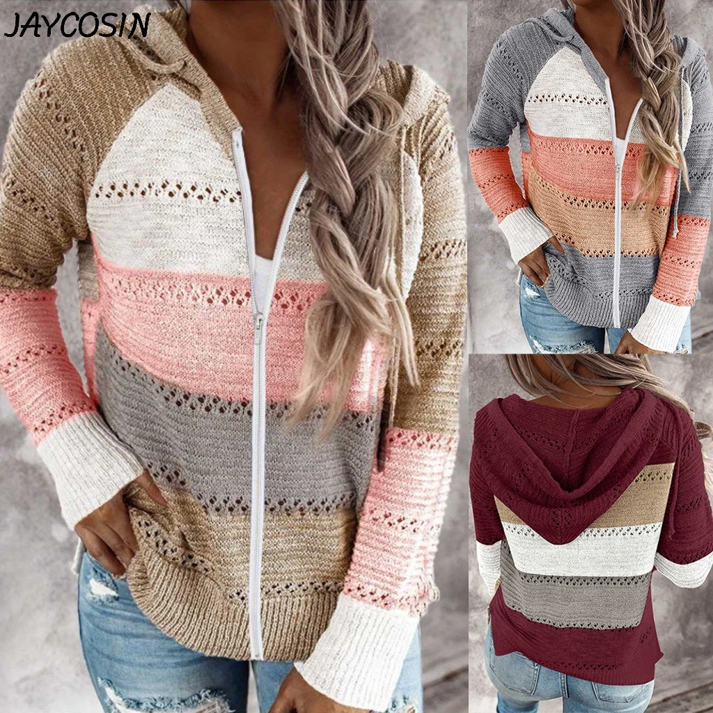 JAYCOSIN Women Lazy Stripe Patchwork Long Sleeve Simple Wild Knitted Hooded Sweater Cardigan Zipper Casual Loose Tops Sweaters |