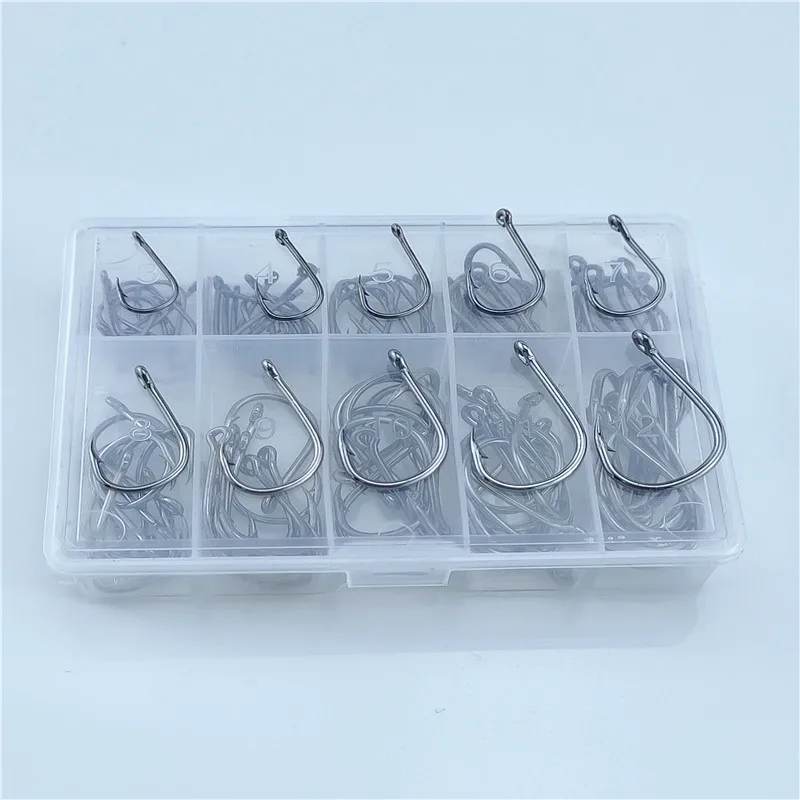 

100pcs/box Fish Hook Barbed 3#-12# 10 Series in Fly Fishing Hook Worm Pond Fishing Bait Holder High Carbon Steel Have Hook Hole