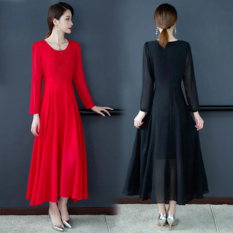 

2020 Spring Clothing New Style Korean-style Crew Neck Chiffon Long Big Hemline Dress Large Size Women's Dress