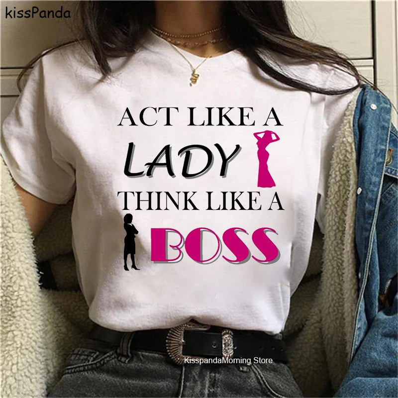 Женская футболка с буквенным принтом Boss Lady свободная коротким рукавом и круглым