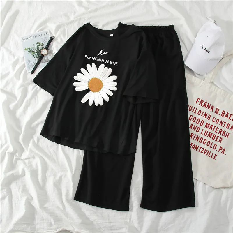 

Women's Sets 2020 Summer Printed Letter Short Sleeve O-Neck Bottoming Tops Solid Loose High Waist Wide Leg Pants Female