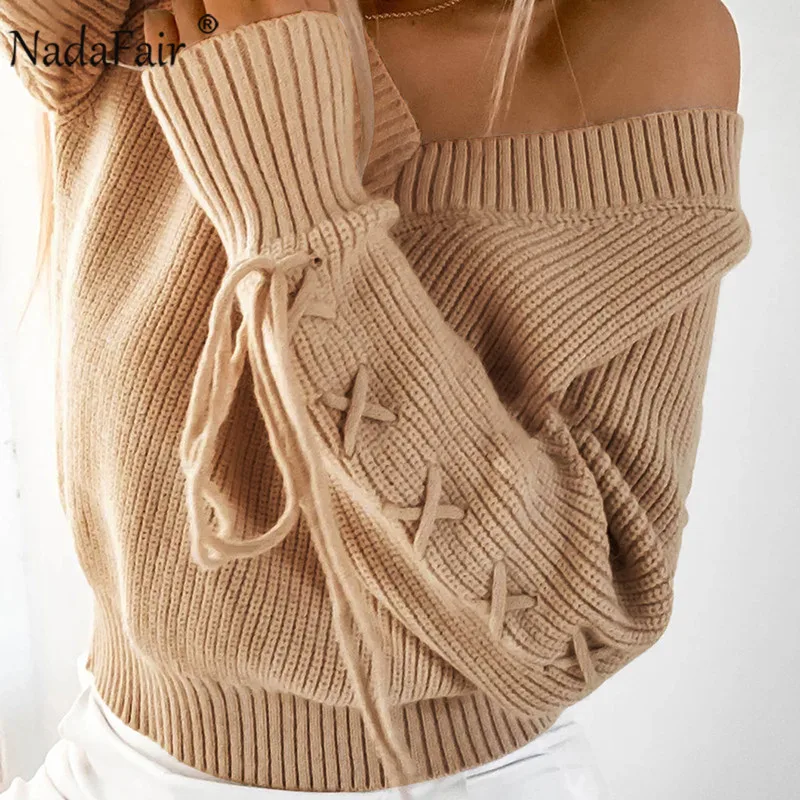 

Nafdafair Sexy Off Shoulder Women Knitted Sweater Pullover Criss-Cross Lace Up Autumn V Neck Winter Sweater Jumper Pull Femme