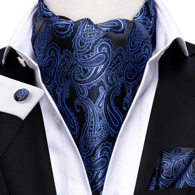 Hi-Tie Silk Men's Ascot Tie Pocket Square Cufflinks Set Cravat Ascots Scrunch Self British Style Gentleman Dress Scarves Party AS-1039