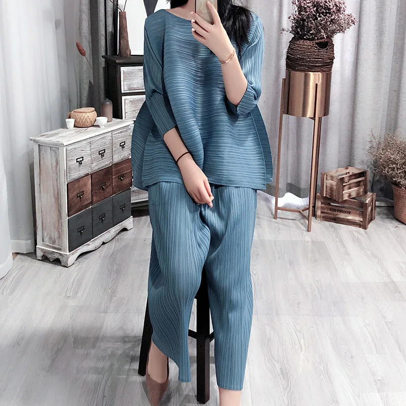 [EAM] 2020 New Spring Vintage O Collar Loose Three Quarter Sleeve Tops Full Length Pants Suit Summer Women Fashion Tide OA979
