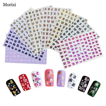 

Morixi nail art sticker english letters laser gold silver color Punk style 3D manicure decoration self glue nail decals XF001