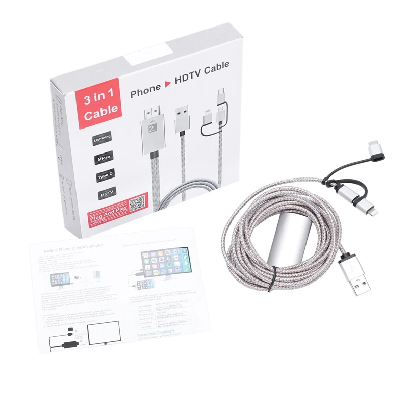 3 в 1 1,8 м Hdmi кабель Hdtv адаптер нейлоновый Плетеный av-кабель для Micro-Usb/type C-Hdmi 1080P для Iphone Android Phone