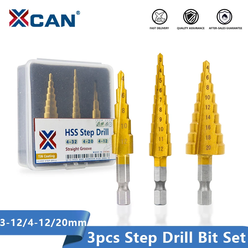 XCAN Step Drill Bit 3PCS 3-12 4-12/20 Titanium Coating HSS Drill Bit for Wood Metal Hole Cutting Hex Shank Cone Drill 3pcs set step drill 4 32mm wooden straight groove hss cone titanium coating mini drill tool hole knife hexagonal handle