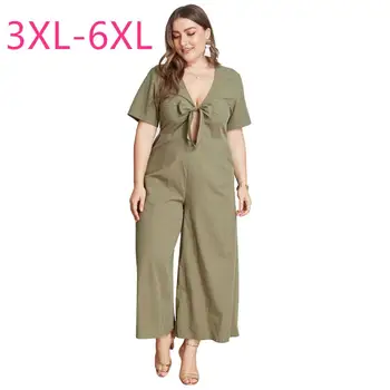 

New summer plus size jumpsuit for women large slim pocket short sleeve green deep v neck sexy long jumpsuits 3XL 4XL 5XL 6XL