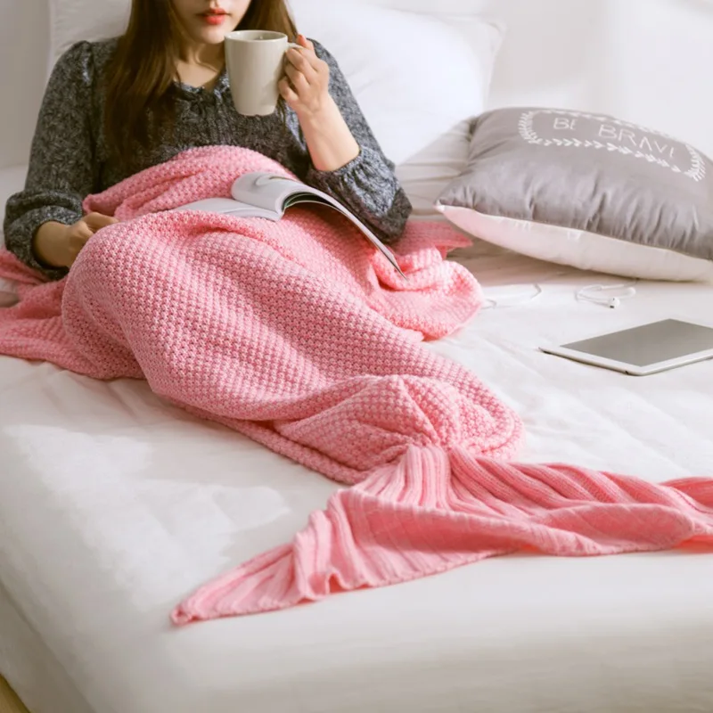 Mermaid Tail Blanket Yarn Knitted Handmade Crochet Mermaid Blanket Kids Throw Bed Wrap Super Soft TV Sofa Sleeping Bed Decor