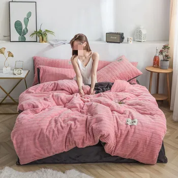 

Pink Flannel bedding set winter soft fleece duvet cover set yellow comforter cover warm bed linen flat sheet gray red pillowcase