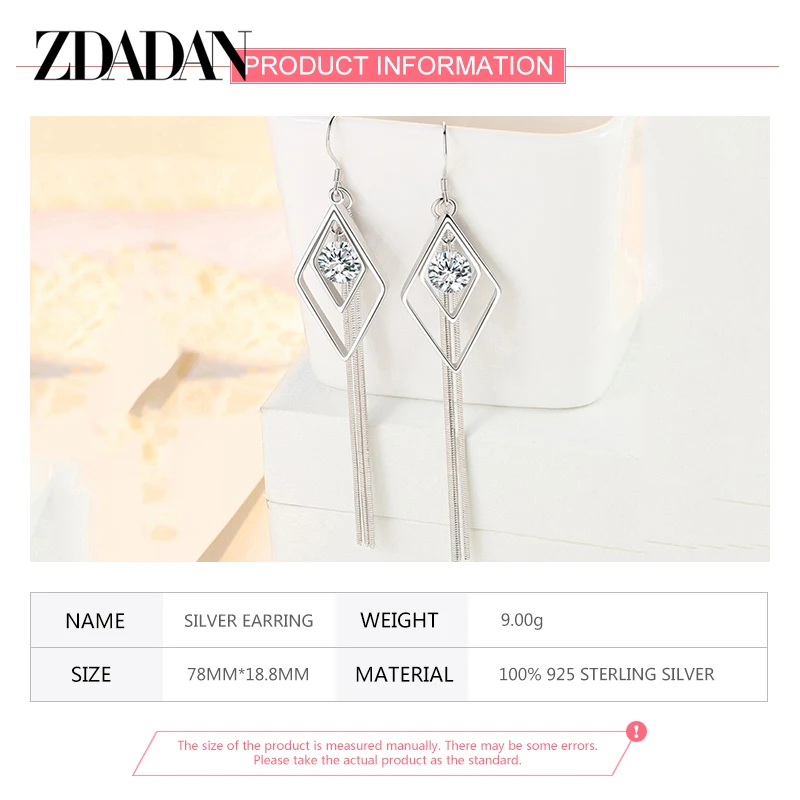 ZDADAN 925 Sterling Silver Long Tassel Dangle Earrings For Women Fashion Wedding Jewelry Gift