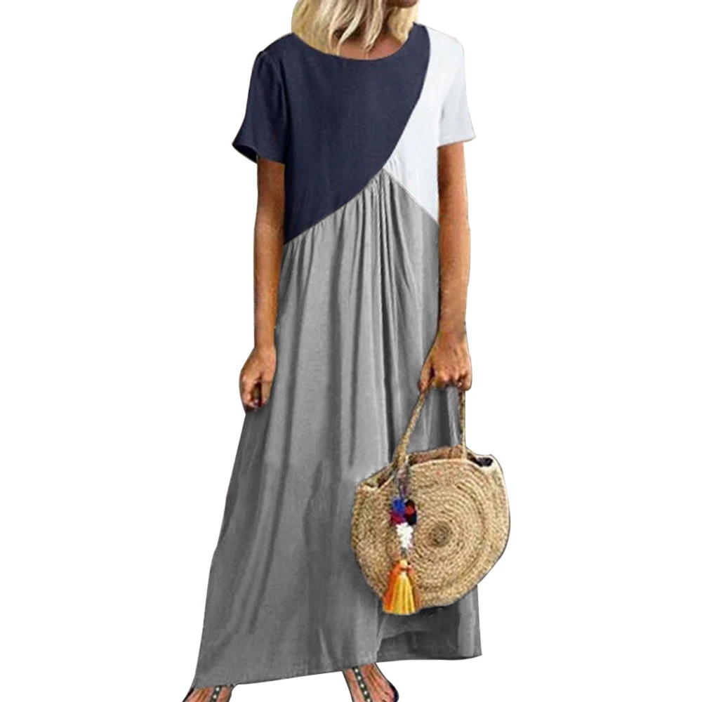 

JODIMITTY Spring Casual Women Dress Loose O-Neck Short Sleeve Dress Summer Patchwork Ankle-Length Dress Female Vestido Vintage