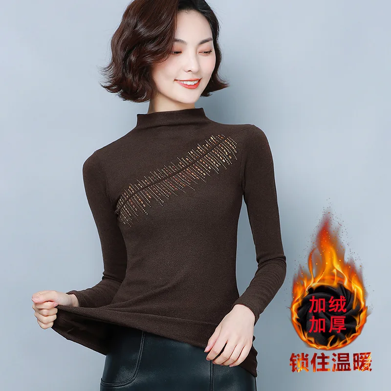 

Hot Selling Autumn And Winter Base Shirt Women's 2019 Brushed Thick Slim Fit Underwear Long Sleeve Diamond Set Tops Versatile T-