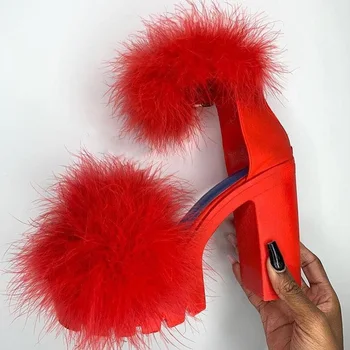 

Women Sandals Pumps Summer Ladies High Heels Feather Fashion Party Shoes Ankle Strap Candy Color Platform Female Plus Size