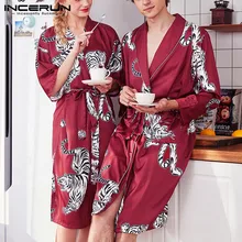 INCERUN мужские халаты с принтом, нагрудные Длинные рукава, искусственный шелк, атлас, домашняя одежда, карманы, кимоно, одежда для сна, модная Повседневная Ночная рубашка, Халат