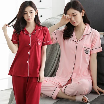 

2020 Summer Cotton Pajamas Sets for Women Short Sleeve Long Pants Sleepwear Pyjama Loungewear Homewear Pijama Mujer Home Clothes