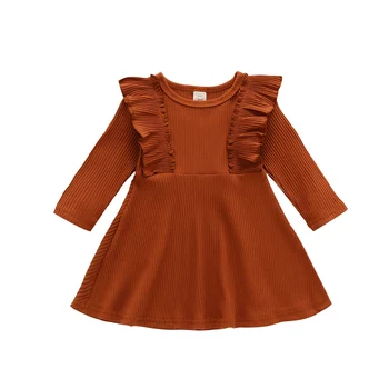 

1-6T Toddler kid Baby Girl Clothes Casual Plain Ruffles Dress Elegant Long Sleeve Stretch Dresses Cute Sweet Outfit