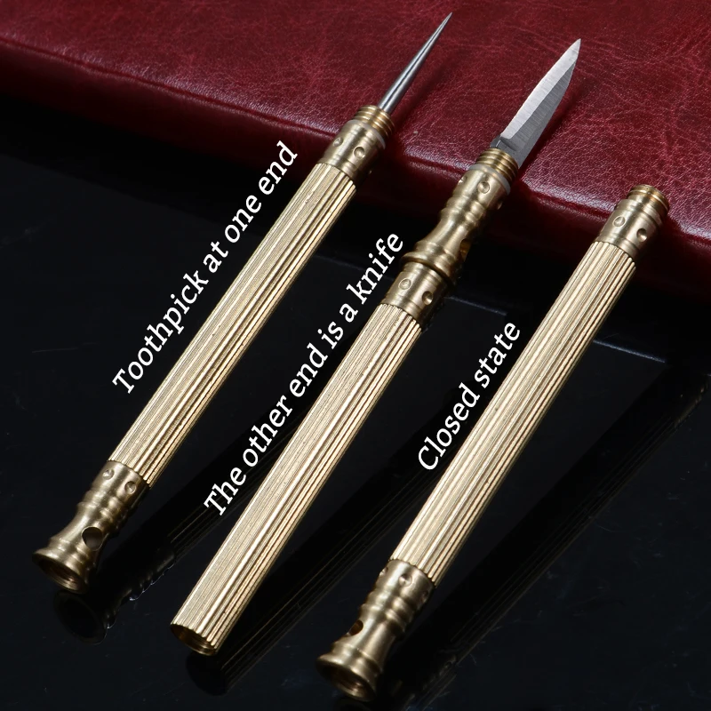 Brass Knife Stainless Steel Toothpick Set Multifunction Stealth Self Defense EDC Knife Outdoor Portable Detachable Tiny Cutting
