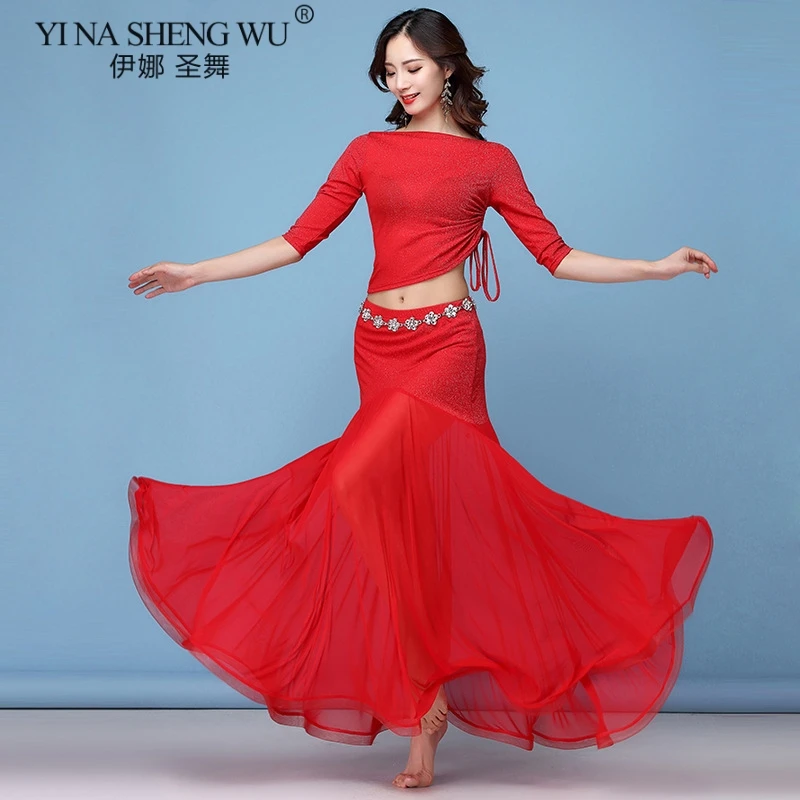1187 Red Set Новая одежда для танца живота одежда танцора живота костюм для женщин Блестящий летний короткий рукав сексуальный топ юбка Восточный танец - Цвет: 1187 Red Set
