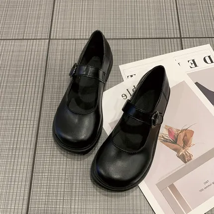Модная маленькая обувь; женская обувь на плоской подошве с круглым носком в британском стиле; черная кукла Лолита - Цвет: Черный