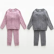 Комплекты одежды для маленьких мальчиков и девочек осенне-зимний свитер+ штаны вязаный костюм для маленьких мальчиков толстый теплый комплект со штанами для маленьких мальчиков и девочек