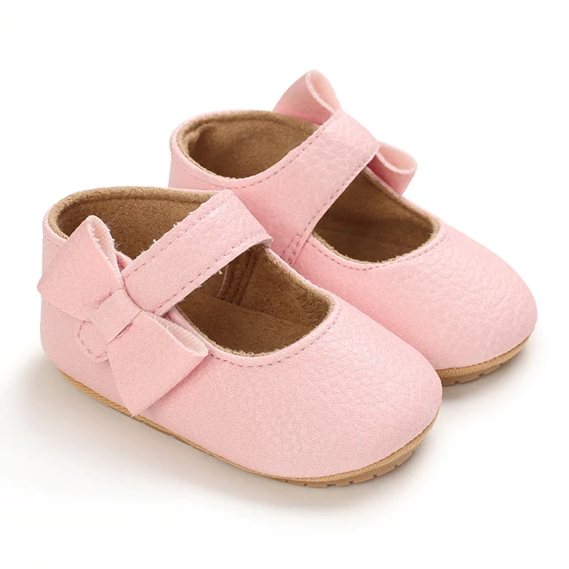 Infant Newborn Baby Girls Princess Non-Slip Floral Border Shoes Toddler Baby Soft PU Leather Prewalker Shoes Solid First Walkers D40 Pink