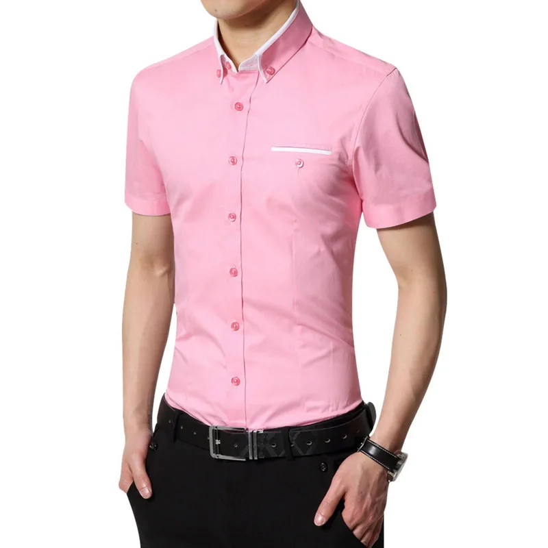 pink Модные милые новые Брендовые мужские летние деловые рубашки с короткими рукавами и отложным воротником, смокинги, мужские рубашки размера плюс 5XL - Цвет: pink