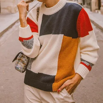 

2019 New Multicolor Block O Neck Knit Sweater Women Vintage Long Sleeve Pullover Pullovers Female Jumpers Casual Tops