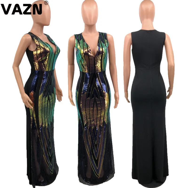 VAZN England Style Spring New Print Club Sexy Women lace Long Dress Lady Halter-Neck SleeveLess High Street Bodycon Dress