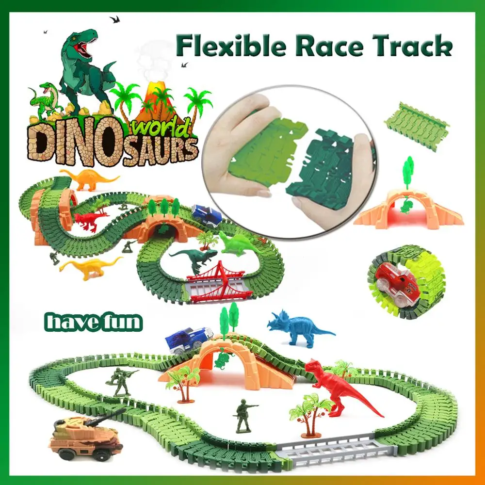 

Track Car Playset Bend Flexible Flash Dinosaur Railway Magical Racing Light Luminous Glow in the Dark electric Diecast rail Car