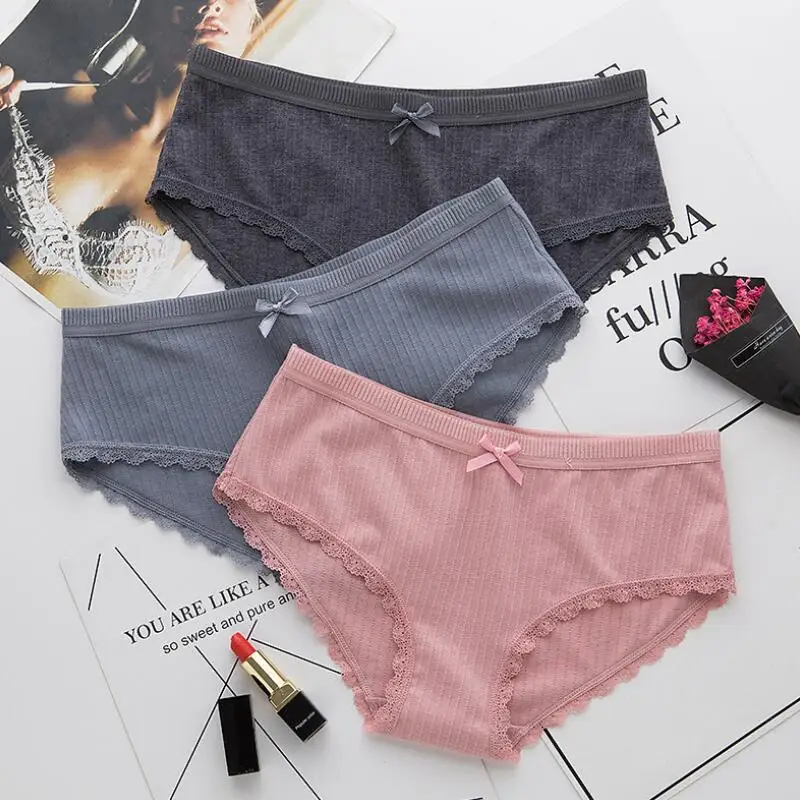 

3pcs/bags Lace Cotton lady's Briefs Sexy lingerie for Women's Panties Screw Thread Mid-Rise Funny Panties Girl Briefs Underwaist