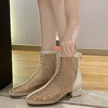 

Rimocy Fashion Rhinestone Mesh Hollow Out Ankle Boots Women Summer 2020 Solid Square Toe Booties Woman Med Heels Botas Mujer