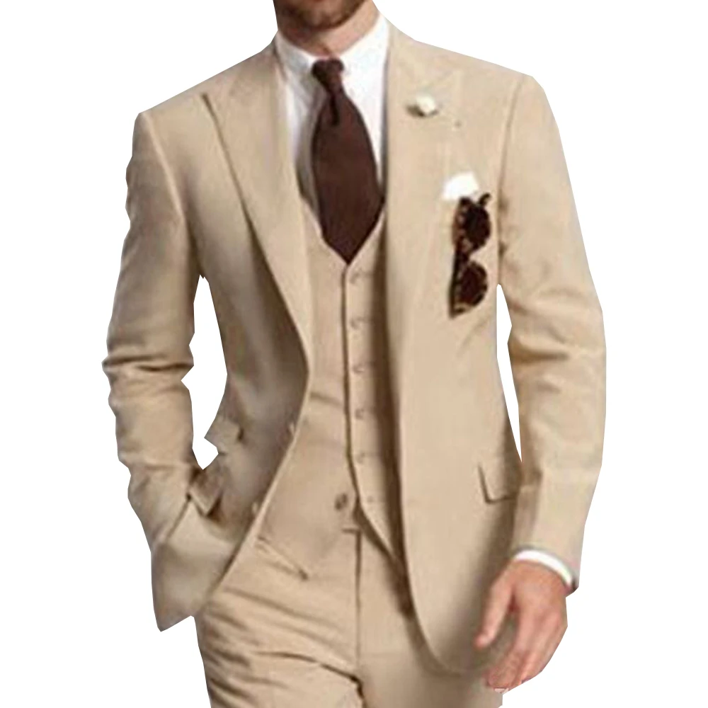 Beige Three Piece Business Party Best Men Suits Peaked Lapel Two Button Custom Made Wedding Groom Tuxedos 2019 Jacket Pants Vest Beige Three Piece Business Party Best Men Suits Peaked Lapel Two Button Custom Made Wedding Groom Tuxedos 2019 Jacket Pants Vest