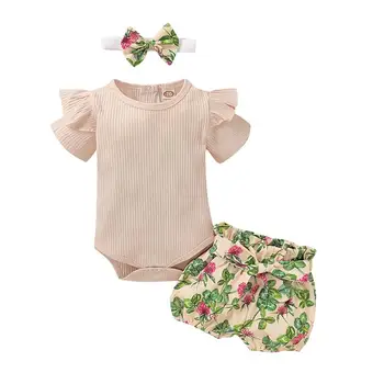 

New Hot Summer Baby Girls Casual Short Sleeve Solid Print BodysuitTops+ Floral Shorts +Headband Outfits Set