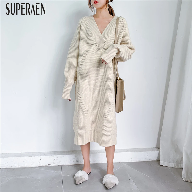 SuperAen, весна и осень, новое вязаное платье, одноцветное, длинный рукав, женское платье, v-образный вырез, корейский стиль, женская одежда