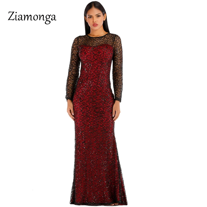 Ziamonga винтажное красное платье русалки с длинным рукавом и блестками, блестящие Элегантные платья размера плюс, блестящие вечерние длинные платья для женщин