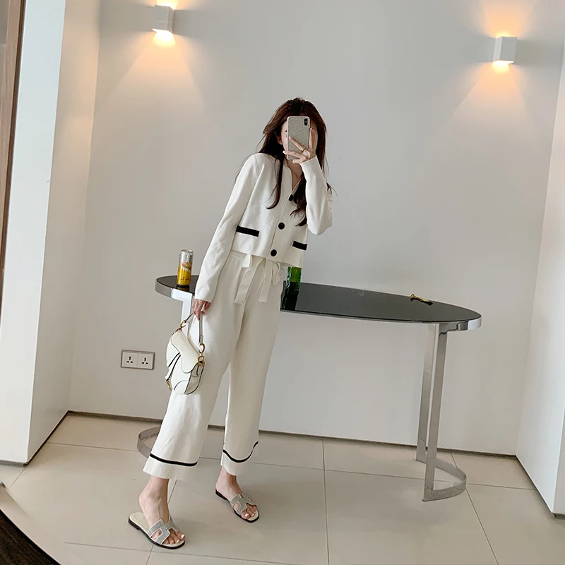 

Elegant slim knitted two piece women sets 2019 autumn single breasted short cardigan + bandage wide leg pants 2 piece set suits