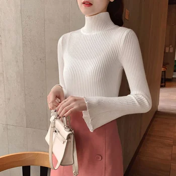 

sweater Women Turtleneck Flare Sleeve Sweet Simple Korean style 2019 Knitted solid Slim Warm pullovers jumper Autumn Winter tops