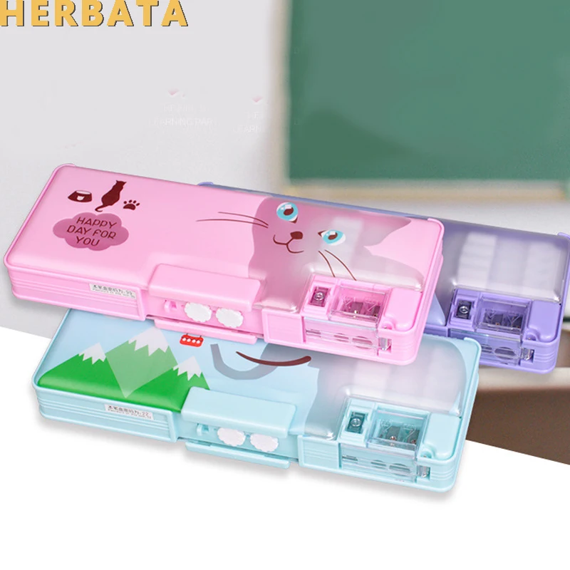 

Cute Student Stationery Cartoon Animal Pencil Case Password with Sharpener Double Side Flip Plastic Pencil Box Estuches CL-19180