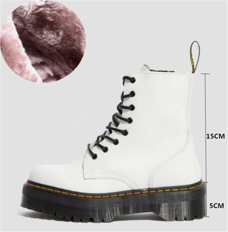 White Winter PXELENA; Новинка; ботинки из натуральной кожи; женская обувь; женские ботинки черного цвета; ботильоны в байкерском стиле; обувь на платформе и толстом каблуке; botas mujer - Цвет: White Winter