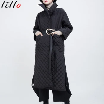 

Winter Coat Women Elegant Cotton Casual Black Turn-up High Collar Diamond Quilted Open Side Slit Winter Jacket Women