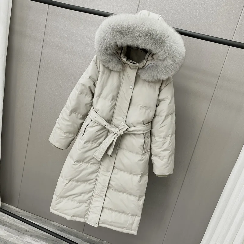 

Winter Medium Long White Duck Down Jacket Women Belt Thick Warm Office Lady Solid Slim Fox Fur Collar Down Coat