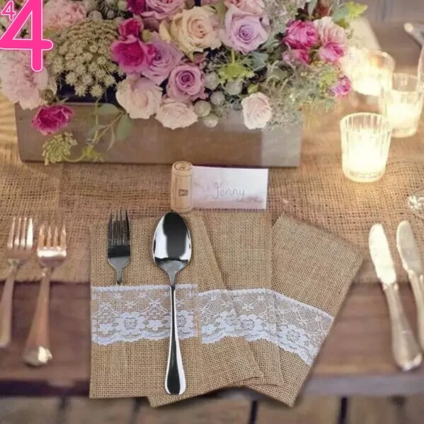 

Vintage 4"x8" Hessian Burlap Lace Wedding Tableware Pouch Cutlery Holder Decorations Favor