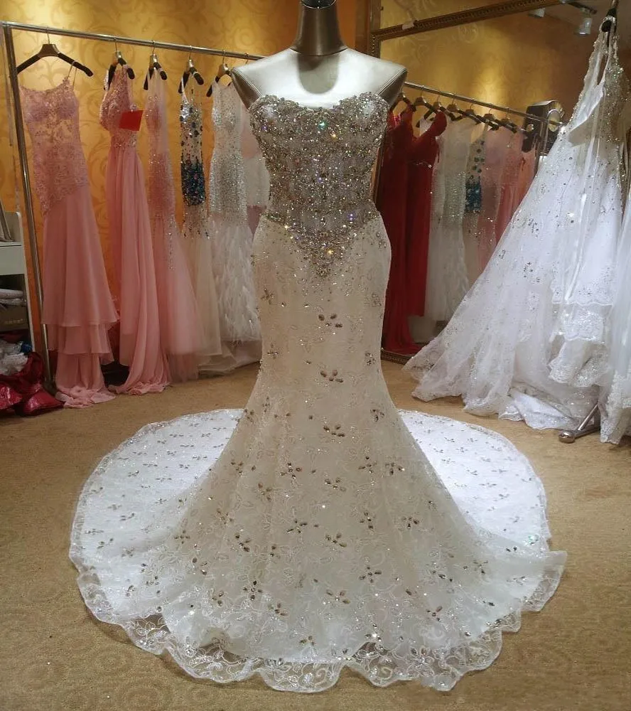

Luxurious Crystal Mermaid Wedding Dresses 2024 Sweetheart Lace Up Corset Bridal Gowns Sexy Diamond Beaded Robe De Mariage