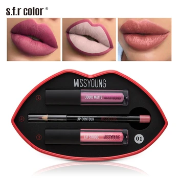 

2 Lip Gloss+1lip Pencil/set Matte Liquid Lipstick Easy To Wear Bare Lip Gloss Red Velvet Lip pencil Dye Makeup