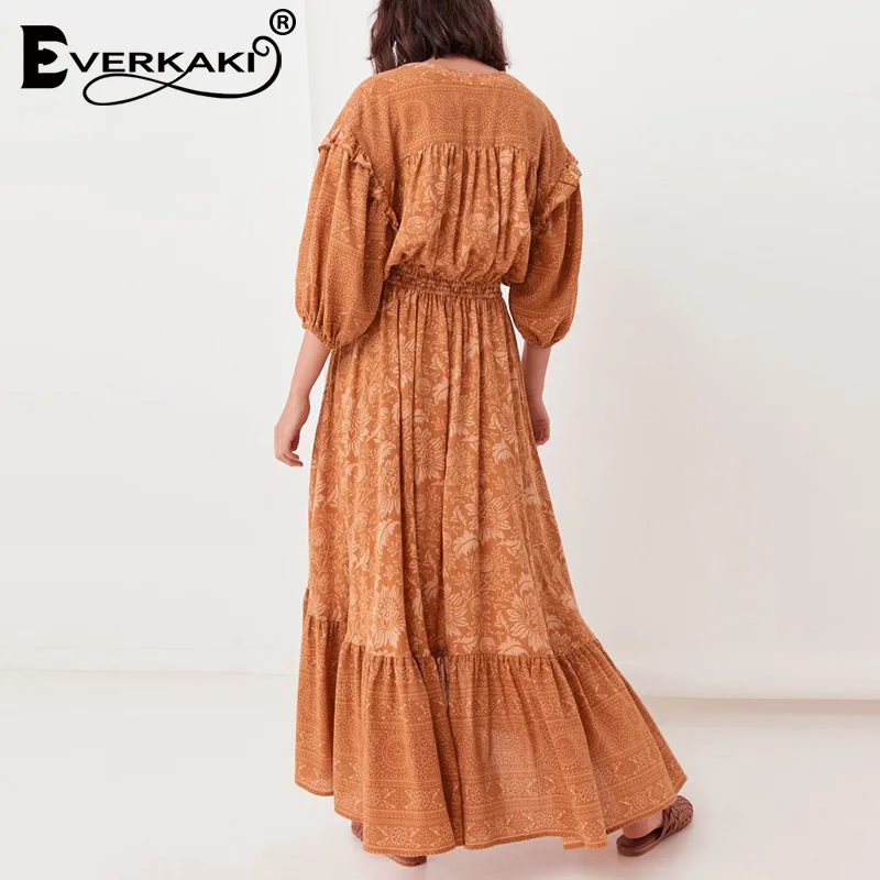Everkaki Boho печати оборками женское макси платье, эластичный пояс свободные цыганские фонари с коротким рукавом Длинные платья женские Осень новинка