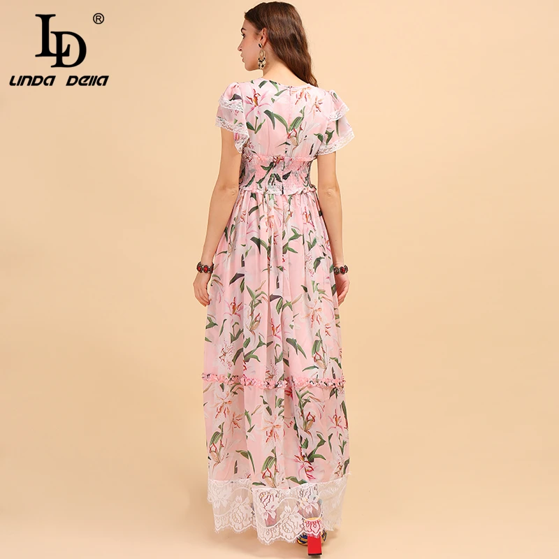 LD Linda della Осень Модное подиум макси платье Для женщин с эластичной резинкой на талии, с кружевными оборками, элегантное, с цветочными мотивами, Элегантное Длинное Платье