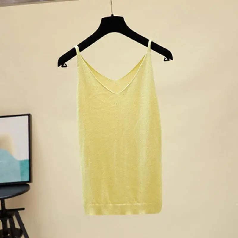 Light Yellow Модный вязаный однотонный жилет, Женский Повседневный жилет без рукавов, весенний летний сексуальный жилет с v-образным вырезом на тонких бретелях - Цвет: Light Yellow