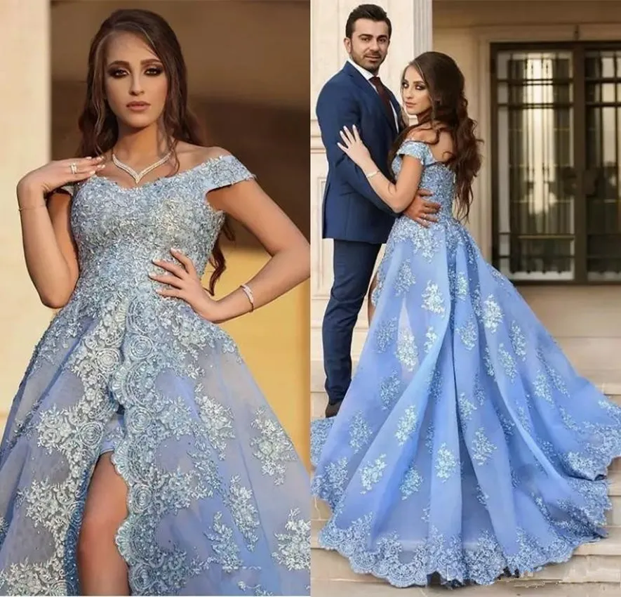 

H Luxury Light Sky Blue A Line Lace evening Dresses Off Shoulder Applique High Side Split Floor Length Party Gowns for Women