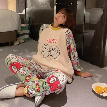 

Thick Warm Flannel Women Pajamas Sets Autumn Winter Flower Pajamas For Women Female Sleepwear Home Clothing Women's Pyjamas Suit